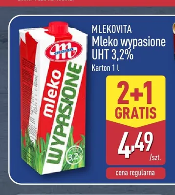Mleko UHT wypasione Mlekovita 3,2% promocja w Aldi
