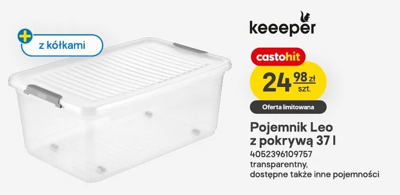 Pojemnik Leo z pokrywą 37l transparentny z kółkami promocja w Castorama
