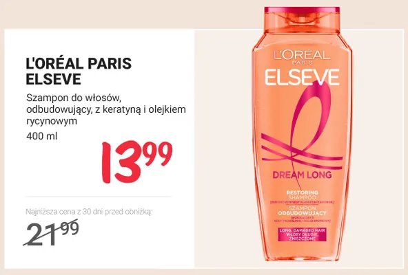 Szampon do włosów odbudowujący z keratyną i olejkiem rycynowym L'Oréal Paris Elseve Dream Long promocja w Rossmann