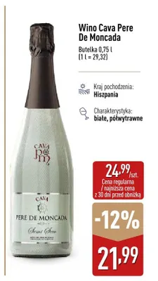 Wino Cava Pere De Moncada białe półwytrawne Hiszpania promocja w Aldi
