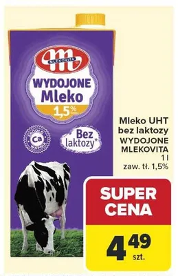 Mleko UHT bez laktozy Wydojone Mlekovita 1,5% promocja w Carrefour Market