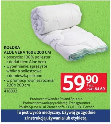 Kołdra Kołdra Aloe Vera 160 x 200 cm promocja w Selgros