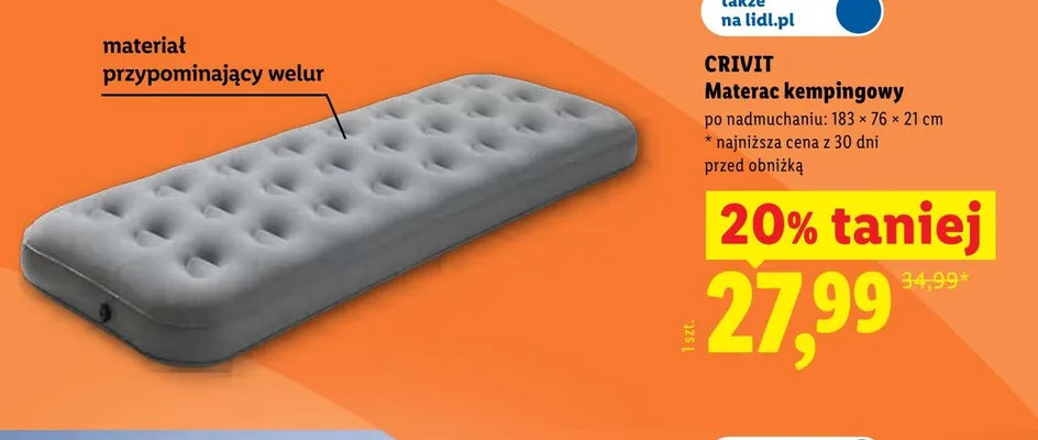 Materac kempingowy CRIVIT 183x76x21cm promocja w Lidl