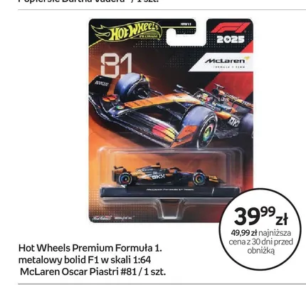 Model samochodu Hot Wheels Premium Formuła 1 McLaren Oscar Piastri #81 promocja w Empik