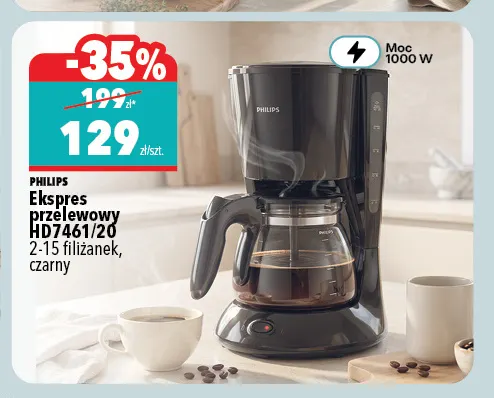 Ekspres przelewowy HD7461/20 2-15 filiżanek czarny Philips promocja w Biedronka Home
