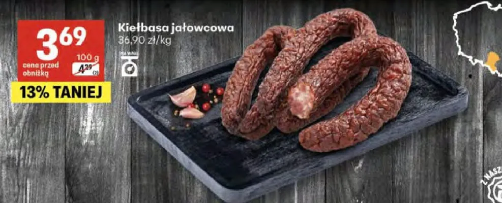 Kiełbasa jałowcowa promocja w Delikatesy Centrum