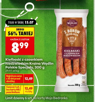 Kiełbaski z czosnkiem niedźwiedzim Kraina Wędlin Polskie Specjały promocja w Biedronka