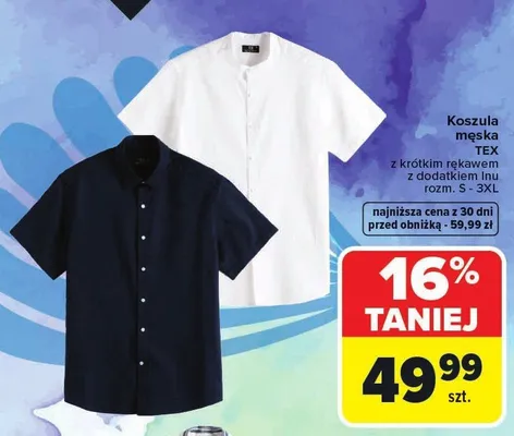 Koszula męska TEX z krótkim rękawem z dodatkiem lnu promocja w Carrefour