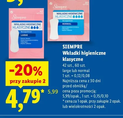 Wkładki higieniczne klasyczne large Siempre promocja w Lidl