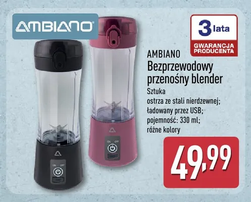 Bezprzewodowy przenośny blender Ambiano 330 ml promocja w Aldi
