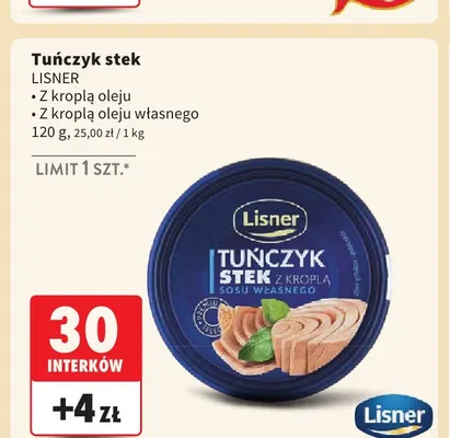 Tuńczyk stek z kroplą oleju własnego Lisner promocja w Intermarche