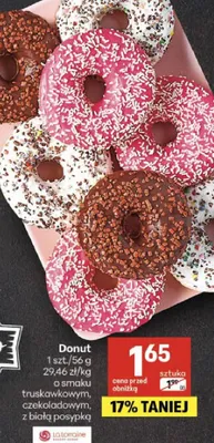 Donut o smaku truskawkowym, czekoladowym, z białą posypką promocja w Delikatesy Centrum