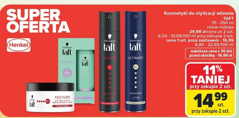 Kosmetyki do stylizacji włosów Taft promocja w Carrefour