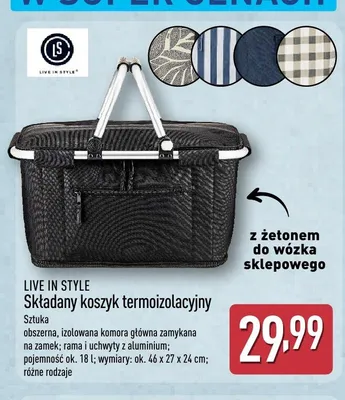 Składany koszyk termoizolacyjny LIVE IN STYLE 18l 46x27x24cm z żetonem do wózka sklepowego promocja w Aldi