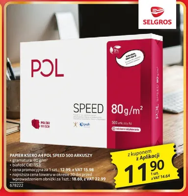 Papier ksero A4 POL Speed 80g/m2 500 arkuszy promocja w Selgros