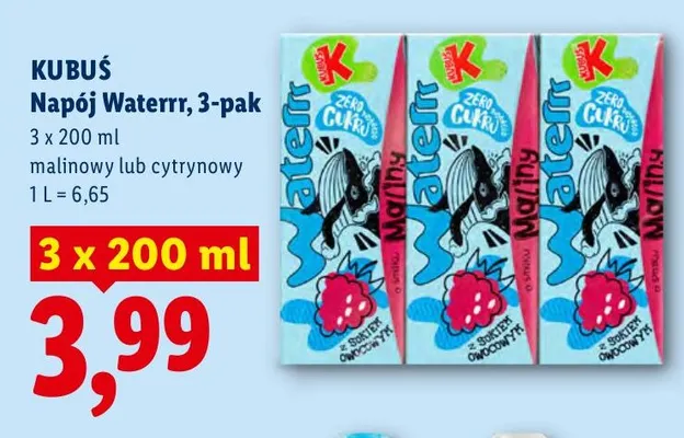 Napój Kubuś Waterrr malinowy 3-pak promocja w Lidl