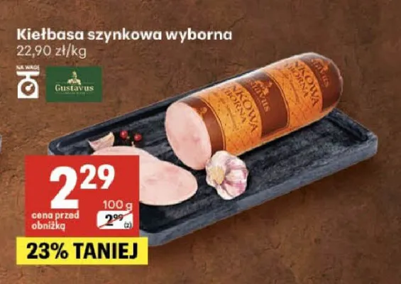 Kiełbasa szynkowa wyborna Gustavus promocja w Delikatesy Centrum
