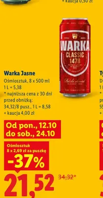 Piwo Warka 8-pak 500 ml promocja w Lidl