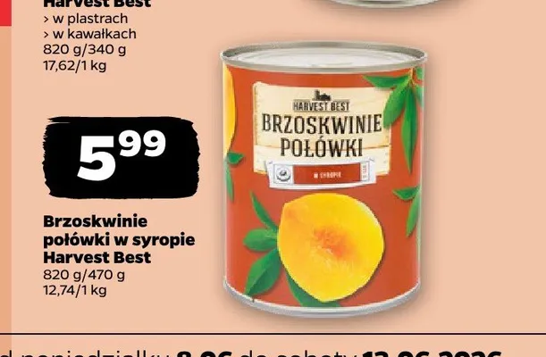 Brzoskwinie połówki w syropie Harvest Best promocja w Netto