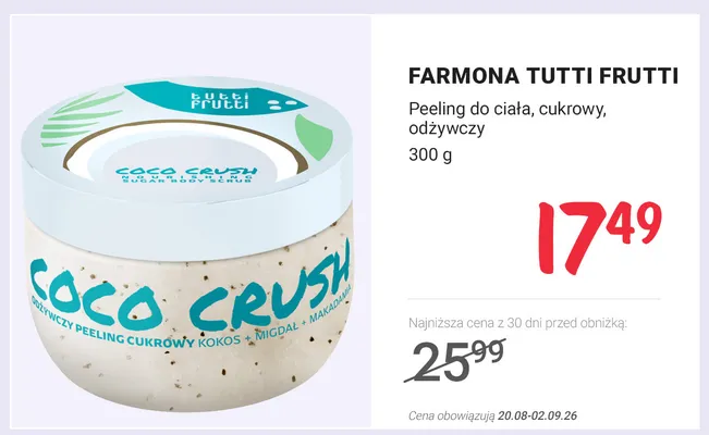 Peeling do ciała cukrowy odżywczy Tutti Frutti Coco Crush promocja w Rossmann