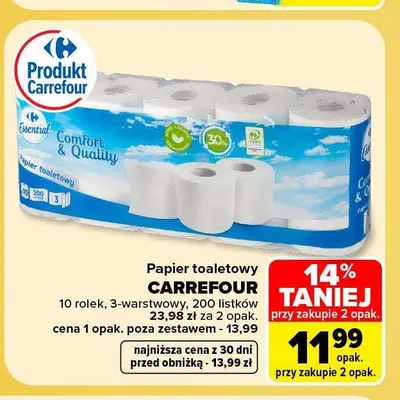 Papier toaletowy 3-warstwowy Carrefour 10-pak promocja w Carrefour Market