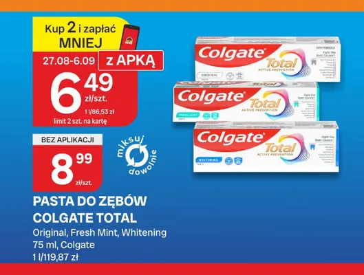 Pasta do zębów Colgate Total Whitening promocja w Chorten