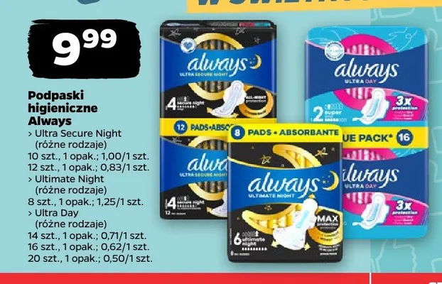 Podpaski higieniczne Always Ultra Secure Night promocja w Netto
