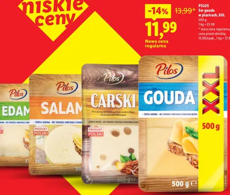 Ser gouda w plastrach XXL Pilos promocja w Lidl