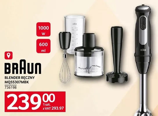 Blender ręczny BRAUN MQ5S307MBK 1000 W 600 ml promocja w Selgros