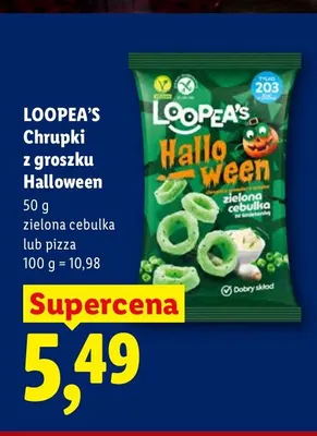 Chrupki z groszku Halloween pizza Loopea's promocja w Lidl