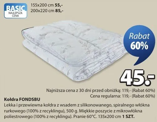 Kołdra lekka i przewiewna z wsadem z silikonowanego, spiralnego włókna rurkowego promocja w Jysk