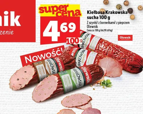 Kiełbasa krakowska sucha z szynki Olewnik promocja w TOPAZ