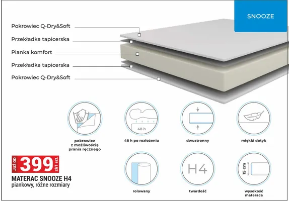 Materac Snooze H4 piankowy promocja w Merkury Market