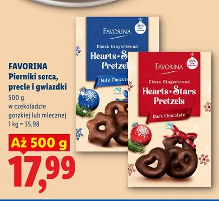 Pierniki serca precle i gwiazdki w czekoladzie mlecznej Favorina promocja w Lidl