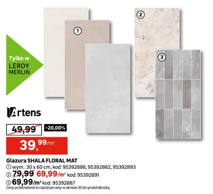 Glazura Shala Floral Mat 30x60 cm Artens promocja w Leroy Merlin