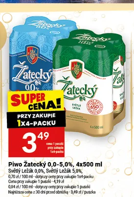 Piwo bezalkoholowe Žatecký Světlý Ležák 4-pak promocja w Twój Market