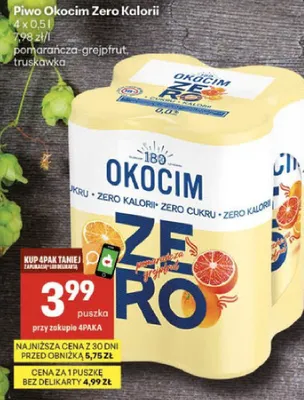 Piwo Okocim Zero Kalorii pomarańcza-grejpfrut 4-pak promocja w Delikatesy Centrum