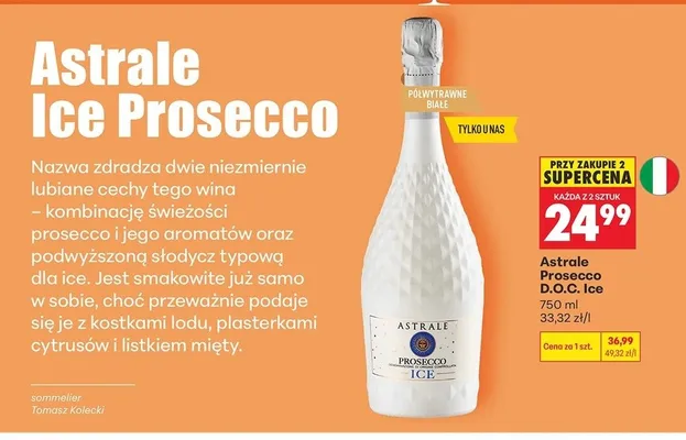 Wino Astrale Prosecco D.O.C. Ice półwytrawne białe promocja w Biedronka