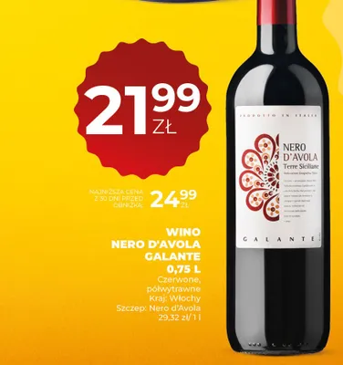 Wino Nero d'Avola Galante czerwone półwytrawne promocja w Duży Ben