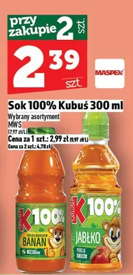Sok 100% Kubuś 300 ml promocja w TOPAZ