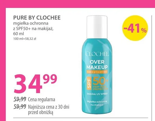 Mgiełka ochronna z SPF50+ na makijaż Pure by Clochee promocja w Hebe