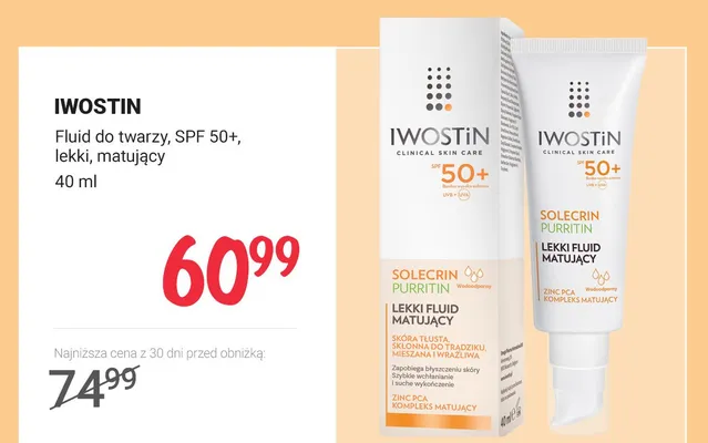 Fluid do twarzy Iwostin Solecrin Purritin SPF 50+ lekki matujący promocja w Rossmann