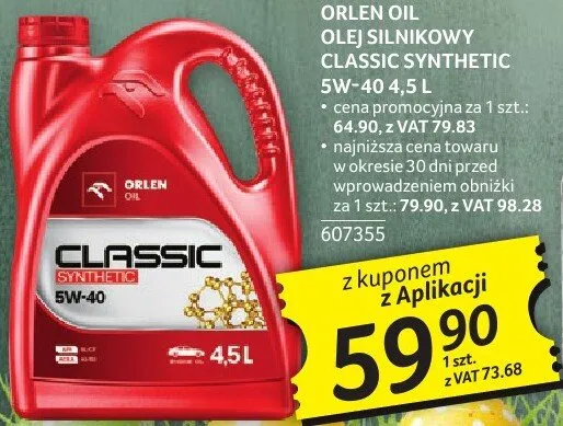 Olej silnikowy Classic Semisynthetic 5W-40 4.5L Orlen promocja w Selgros