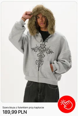 Szara bluza z futerkiem przy kapturze Cropp promocja w Cropp