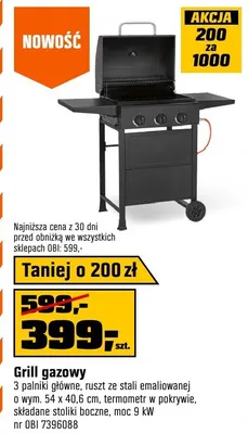Grill gazowy 3 palniki główne, ruszt ze stali emaliowanej w wym. 54x40cm, termometr w pokrywie, składane stoliki boczne, moc 9kW promocja w OBI