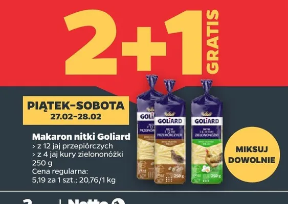 Makaron nitki z 4 jaj kury zielononóżki 2+1 GRATIS promocja w Netto