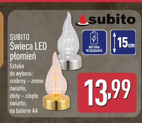 Świeca LED płomień złoty ciepłe światło Subito promocja w Aldi