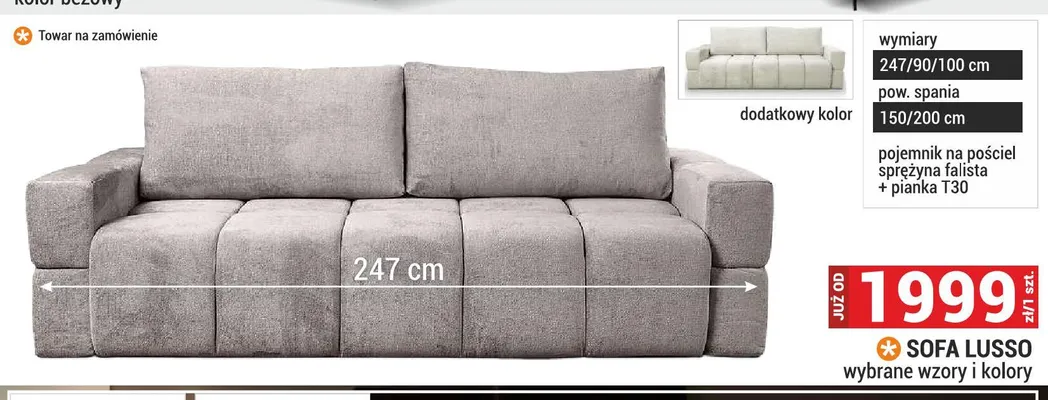 Sofa Lusso 247/90/100cm pow. spania 150/200cm pojemnik na pościel sprężyna falista + pianka T30 promocja w Merkury Market