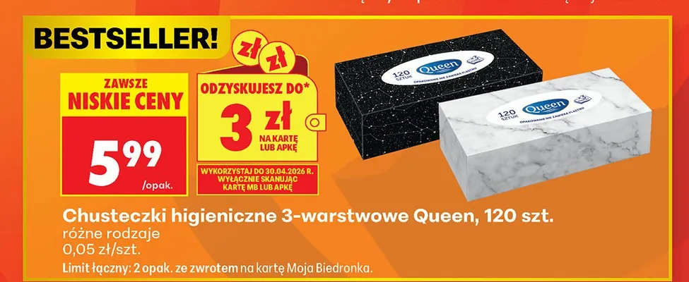Chusteczki higieniczne 3-warstwowe Queen promocja w Biedronka