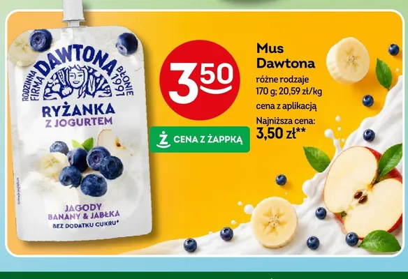 Mus Dawtona Ryżanka z jogurtem jagody banany jabłka promocja w Żabka